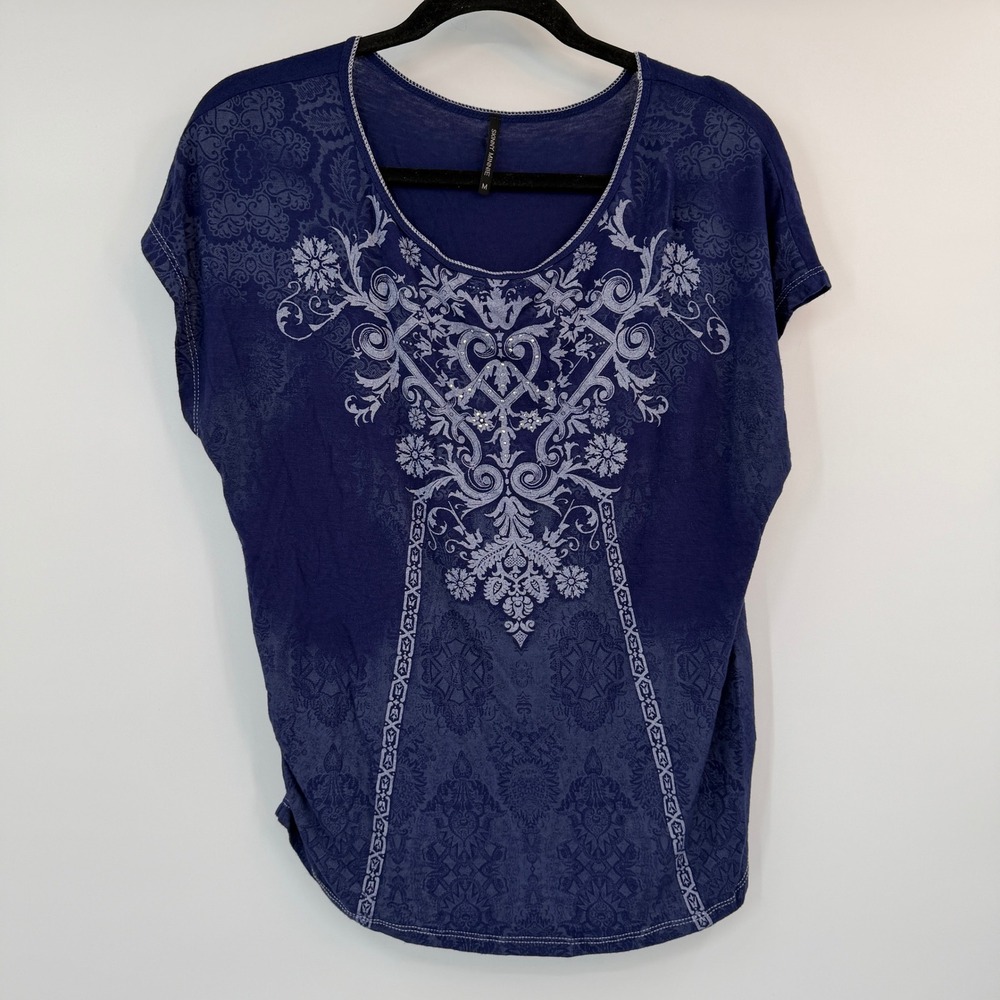 Skinny Minnie Dark Damask Floral Ruched Side Graphic T Shirt Medium Y2K Ethereal